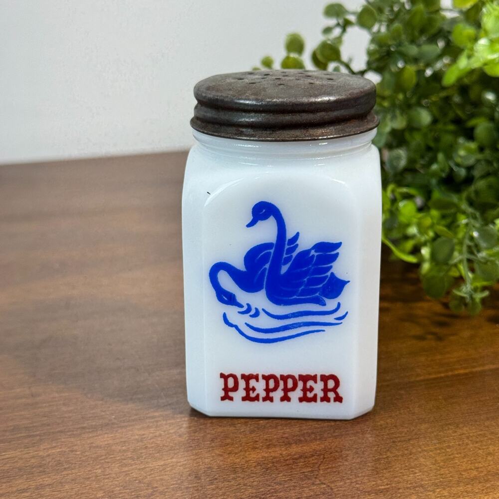 Vintage Hazel Atlas Swan Milk Glass Pepper Shaker with Lid Spices Antique USA